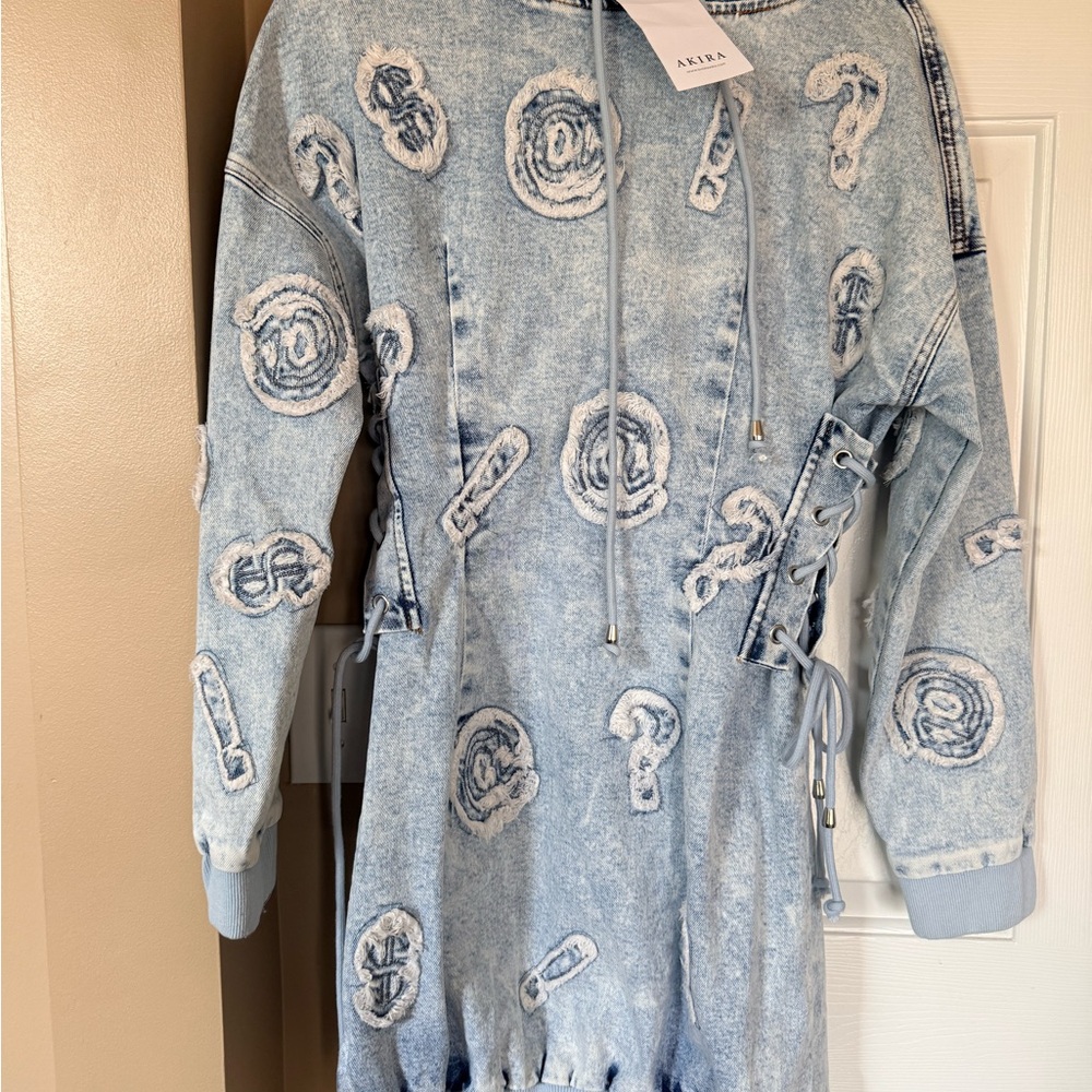 AKIRA Light Acid Wash Denim Hoodie Dress in Pale Blue